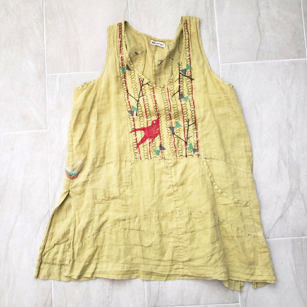 Vintage Blue Fish Hand Printed Sleeveless, Embroidered Jumper Dress